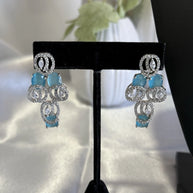 Aqua Blue CZ Necklace Earrings Tikka Set Silver Tone Pakistani Jewelry