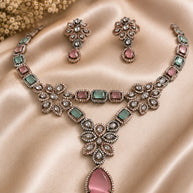 Vintage Inspired Pink- Green Crystal Jewelry Set – Statement Necklace & Earrings