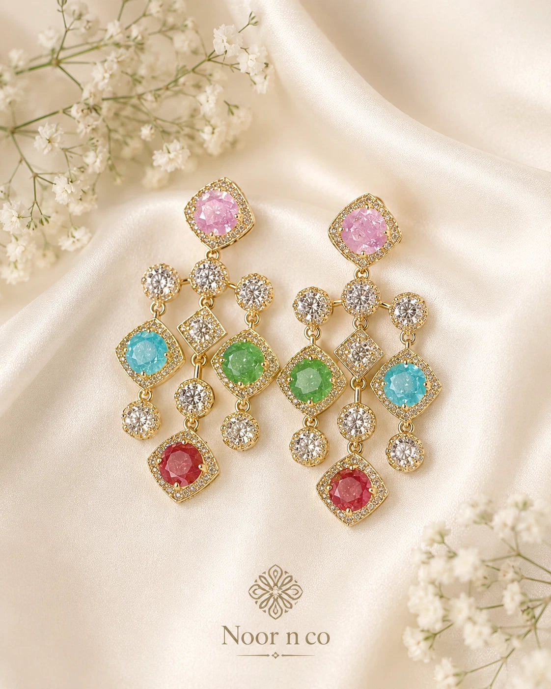 Multicolor CZ Gold Tone Chandelier Earrings Pakistani Indian Statement Jewelry