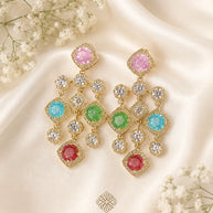 Multicolor CZ Gold Tone Chandelier Earrings Pakistani Indian Statement Jewelry