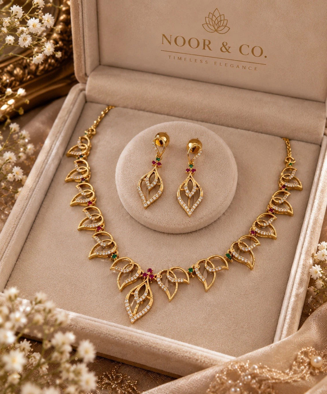 Elegant Gold-Tone Leaf Necklace & Earrings Set