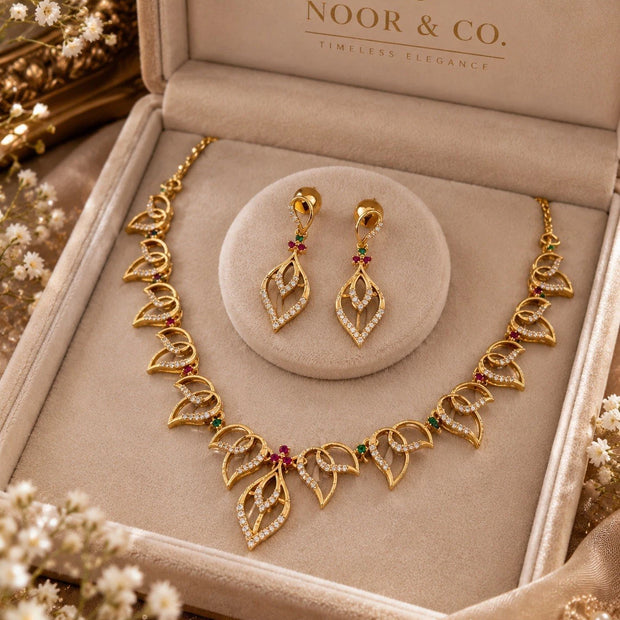 Elegant Gold-Tone Leaf Necklace & Earrings Set