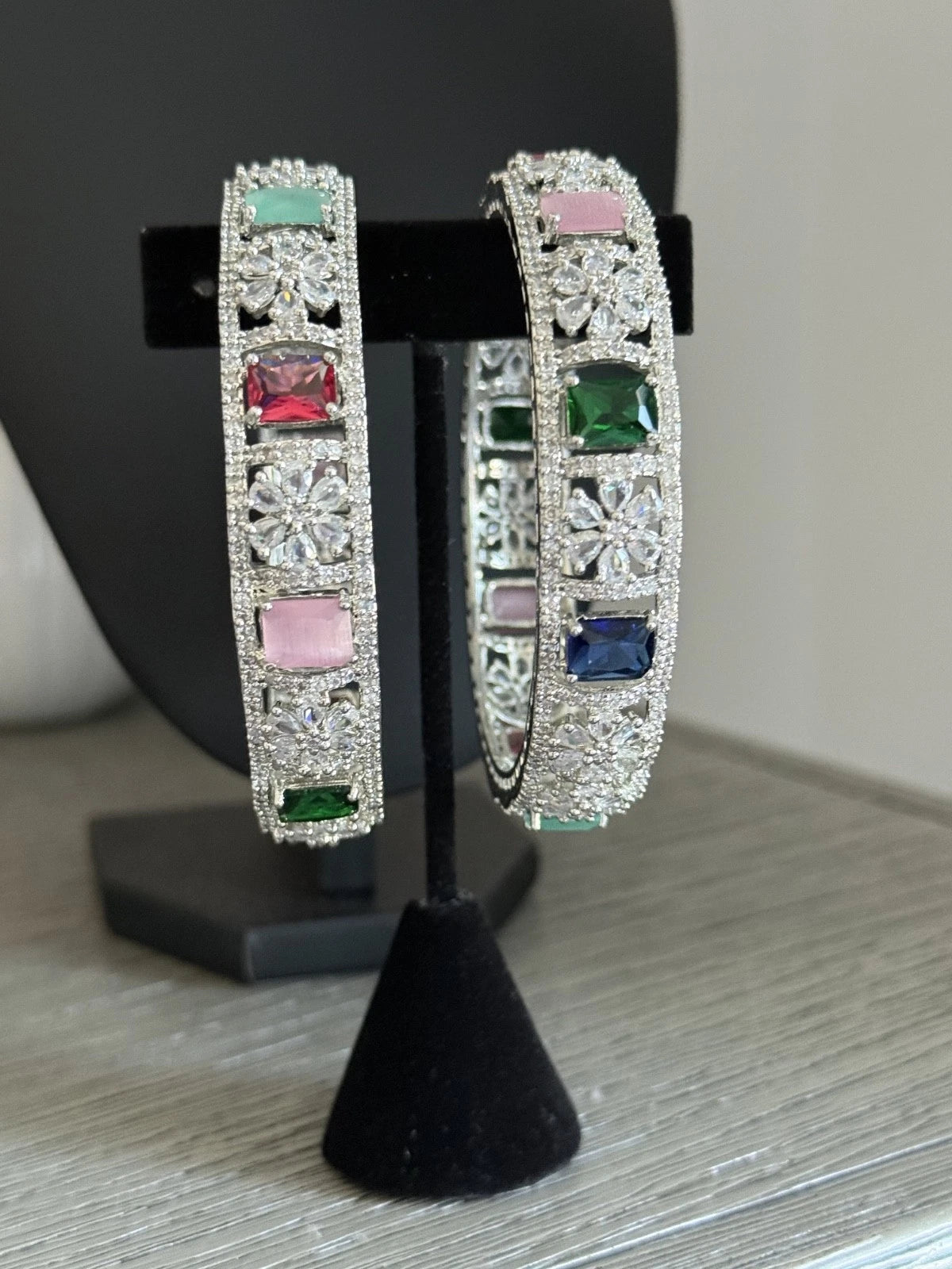 Multicolor CZ Silver Tone Bangle Bracelet Set of 2 Indian Pakistani Jewelry 2.10
