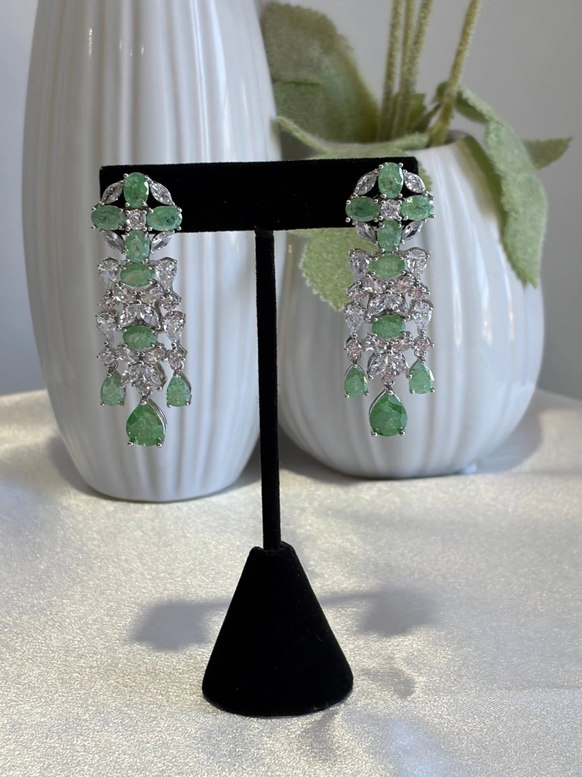 Green CZ Silver Tone Chandelier Drop Earrings Pakistani Indian Jewelry