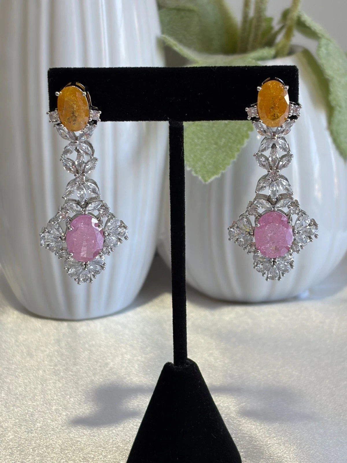 Yellow Pink CZ Silver Tone Drop Earrings Pakistani Indian Statement Jewelry