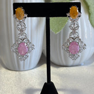 Yellow Pink CZ Silver Tone Drop Earrings Pakistani Indian Statement Jewelry