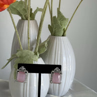Baby Pink CZ Rectangle Stud Earrings Silver Tone Party Jewelry