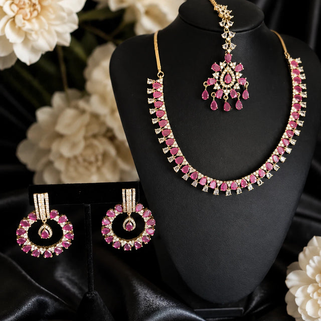 Pink CZ Gold Tone Necklace Earrings Tikka Set Indian Pakistani Bridal Jewelry