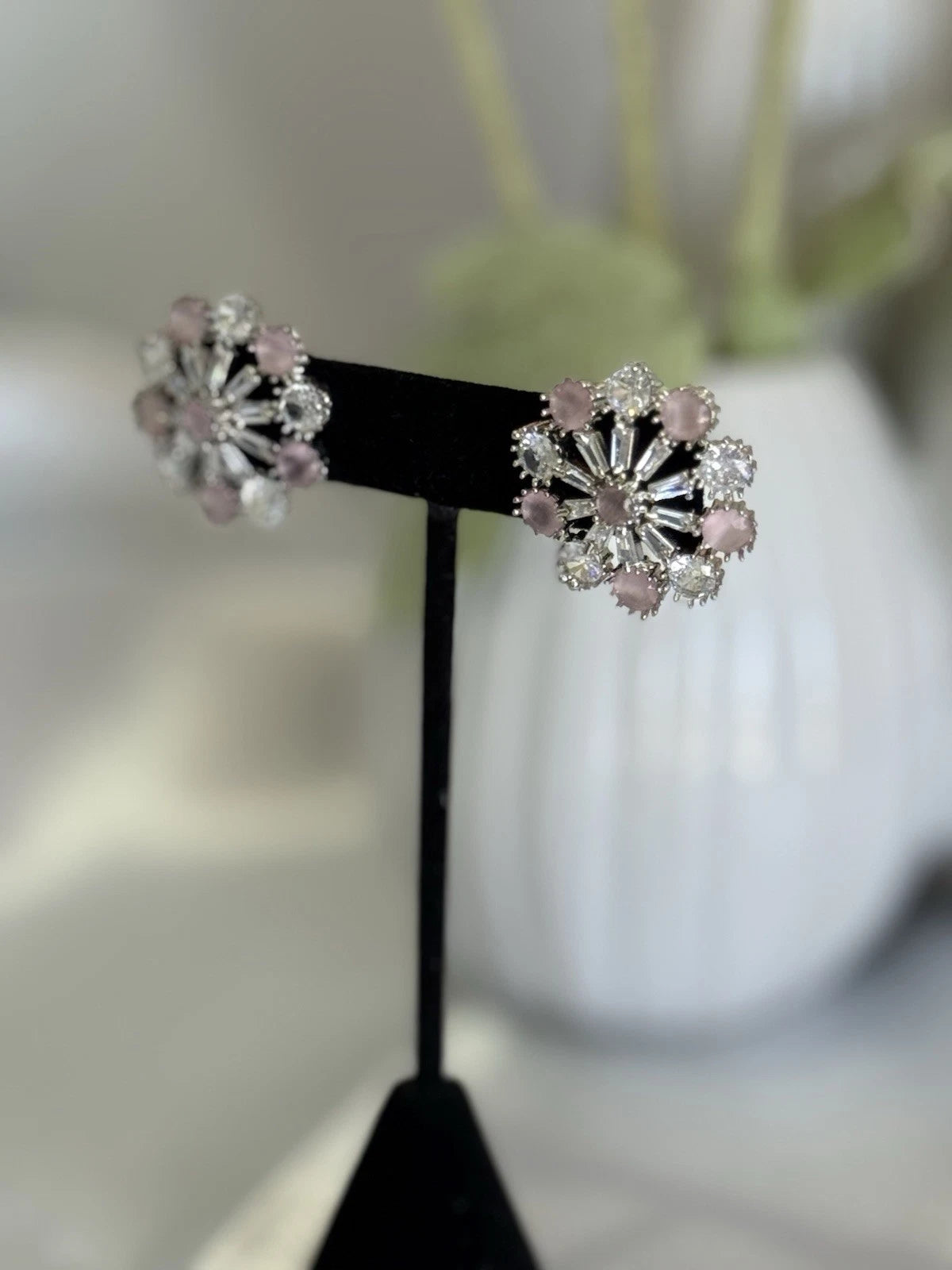 Blush Pink CZ Floral Stud Earrings Silver Tone Party Jewelry