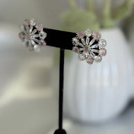 Blush Pink CZ Floral Stud Earrings Silver Tone Party Jewelry