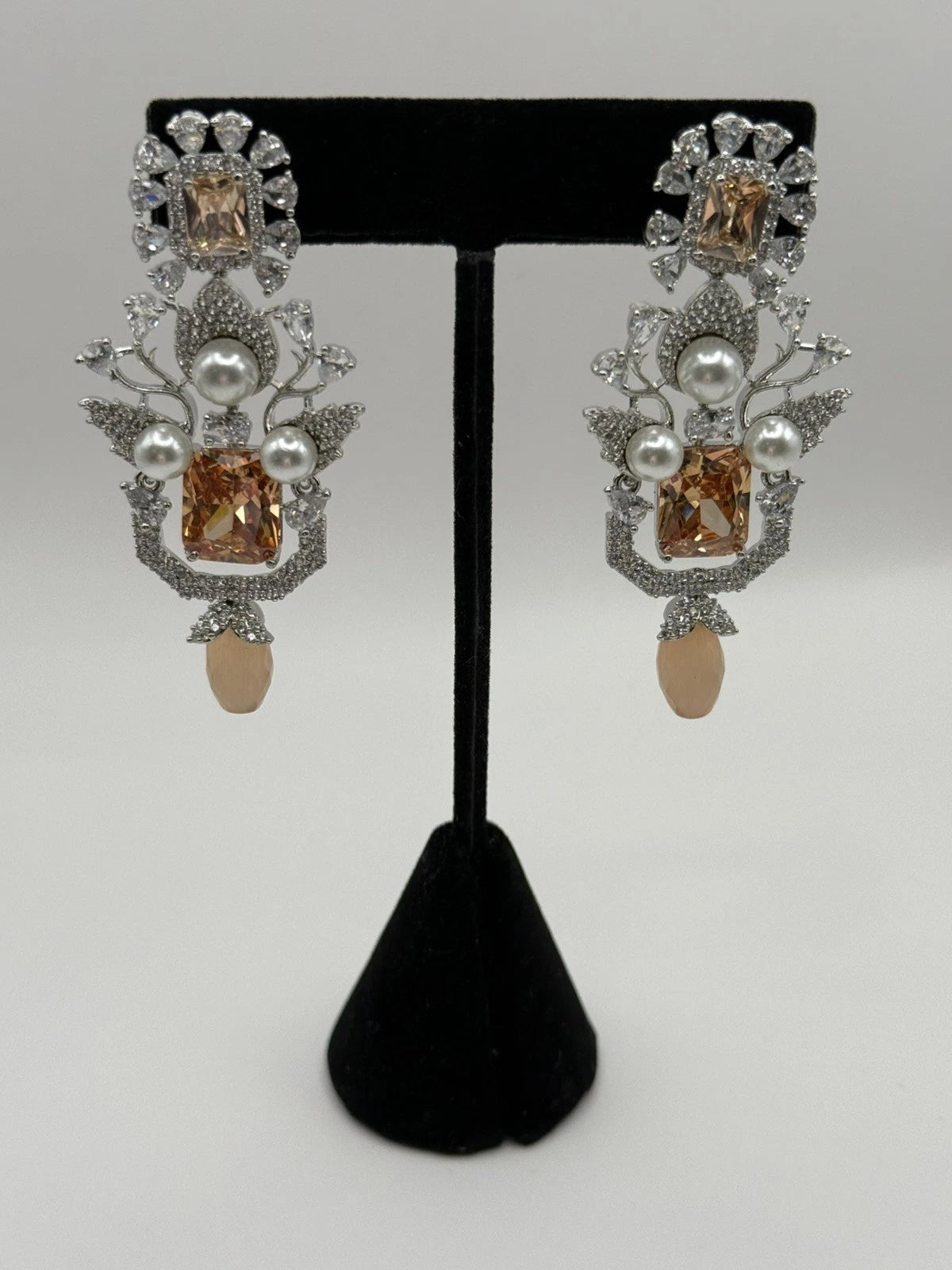 Champagne Crystal Pearl Statement Earrings – Luxury Bridal Drop Earrings