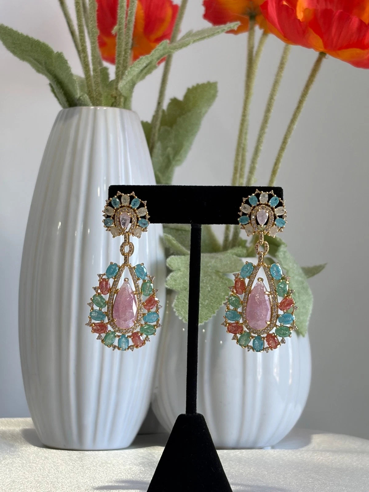 Pastel Multicolor CZ Gold Tone Teardrop Earrings Pakistani Indian Jewelry