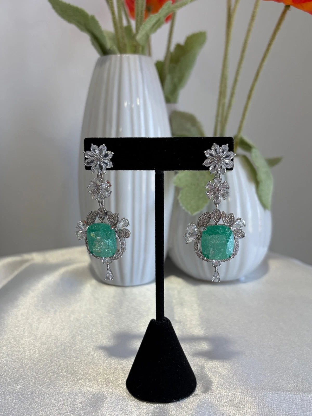 Mint Green CZ Silver Tone Drop Earrings Pakistani Indian Statement Jewelry