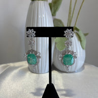 Mint Green CZ Silver Tone Drop Earrings Pakistani Indian Statement Jewelry