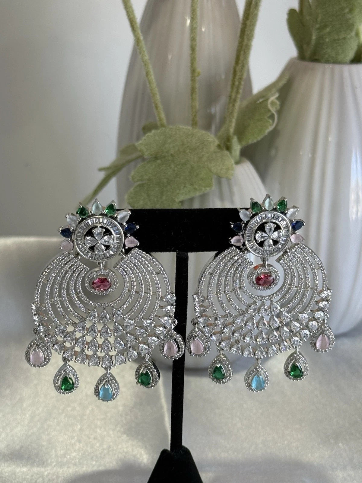 Multicolor CZ Chandbali Earrings Silver Tone Pakistani Indian Jewelry