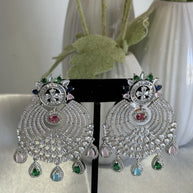 Multicolor CZ Chandbali Earrings Silver Tone Pakistani Indian Jewelry