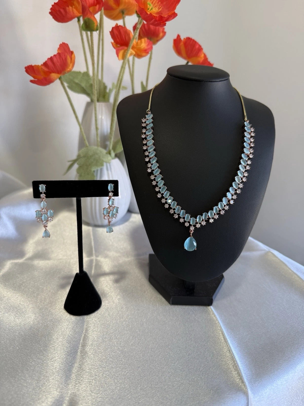 Aqua Blue Crystal Necklace & Earrings Set Rose Gold Tone Jewelry
