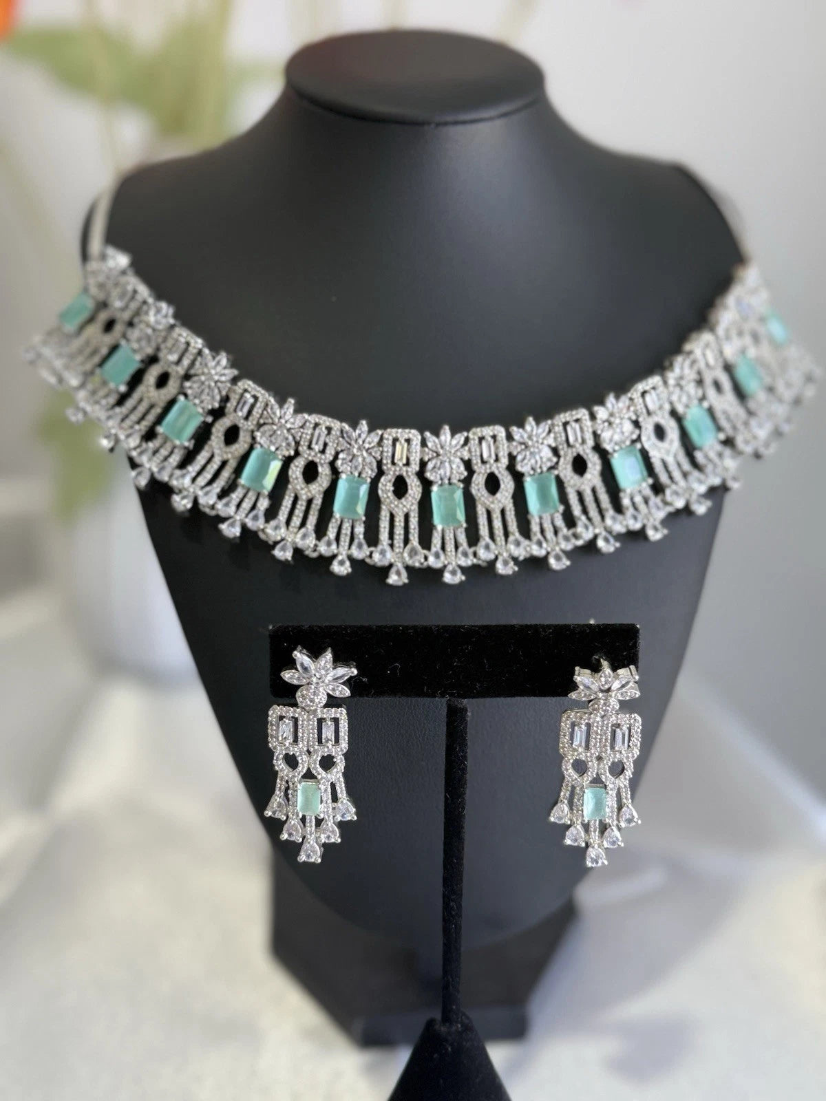 Mint Green CZ Choker Necklace Earrings Set Silver Tone Pakistani Jewelry