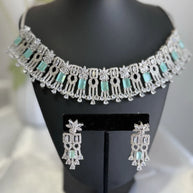 Mint Green CZ Choker Necklace Earrings Set Silver Tone Pakistani Jewelry