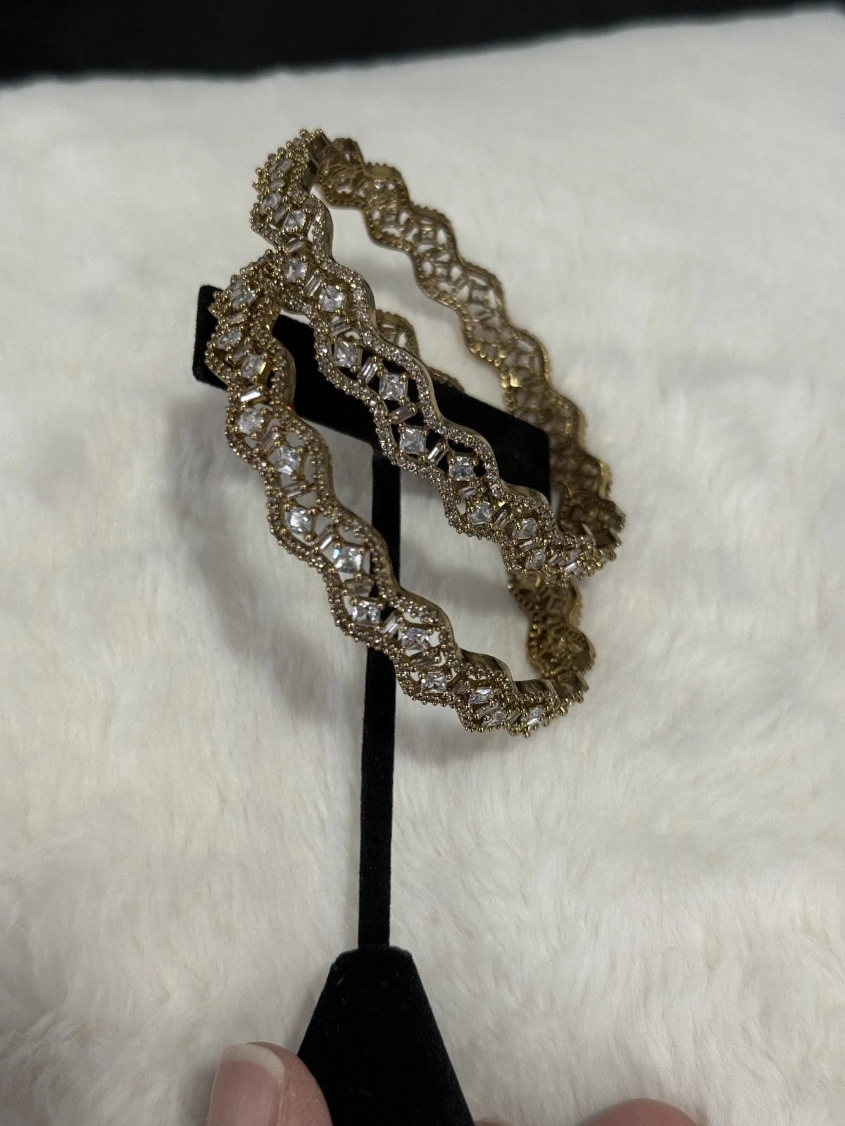 Gold Tone American Diamond Bangles Set Size 2.10 Elegant Wavy Crystal Design