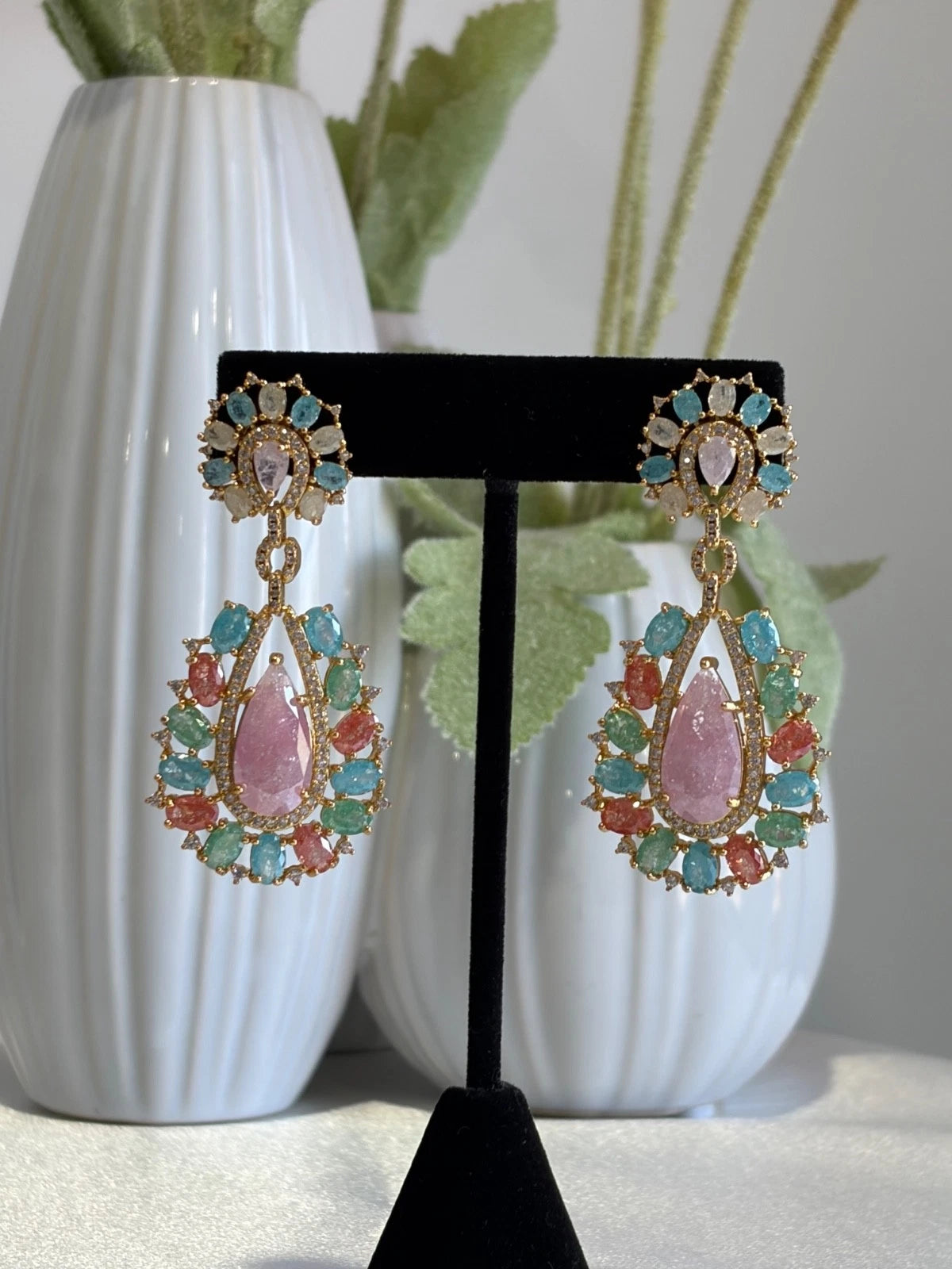 Pastel Multicolor CZ Gold Tone Teardrop Earrings Pakistani Indian Jewelry