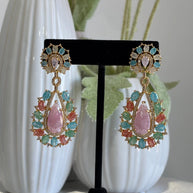 Pastel Multicolor CZ Gold Tone Teardrop Earrings Pakistani Indian Jewelry