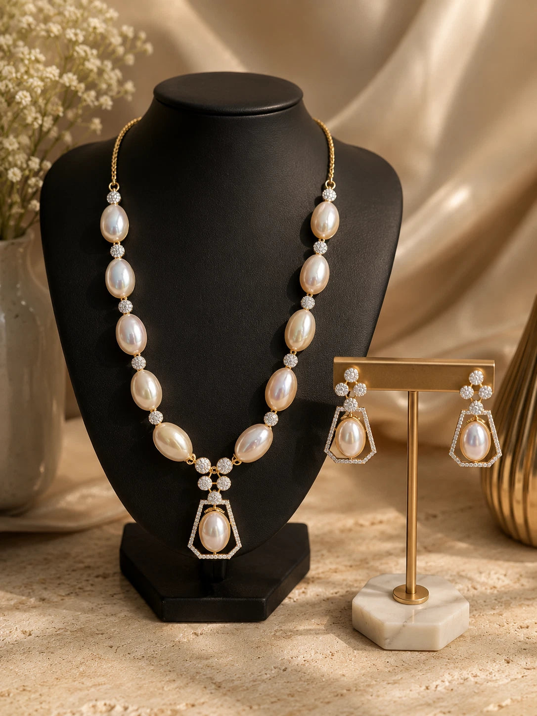 Elegant Pearl & Crystal Statement Jewelry Set | Gold Tone Necklace and Earrings