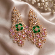Green Pink CZ Gold Tone Chandelier Earrings Pakistani Indian Bridal Jewelry