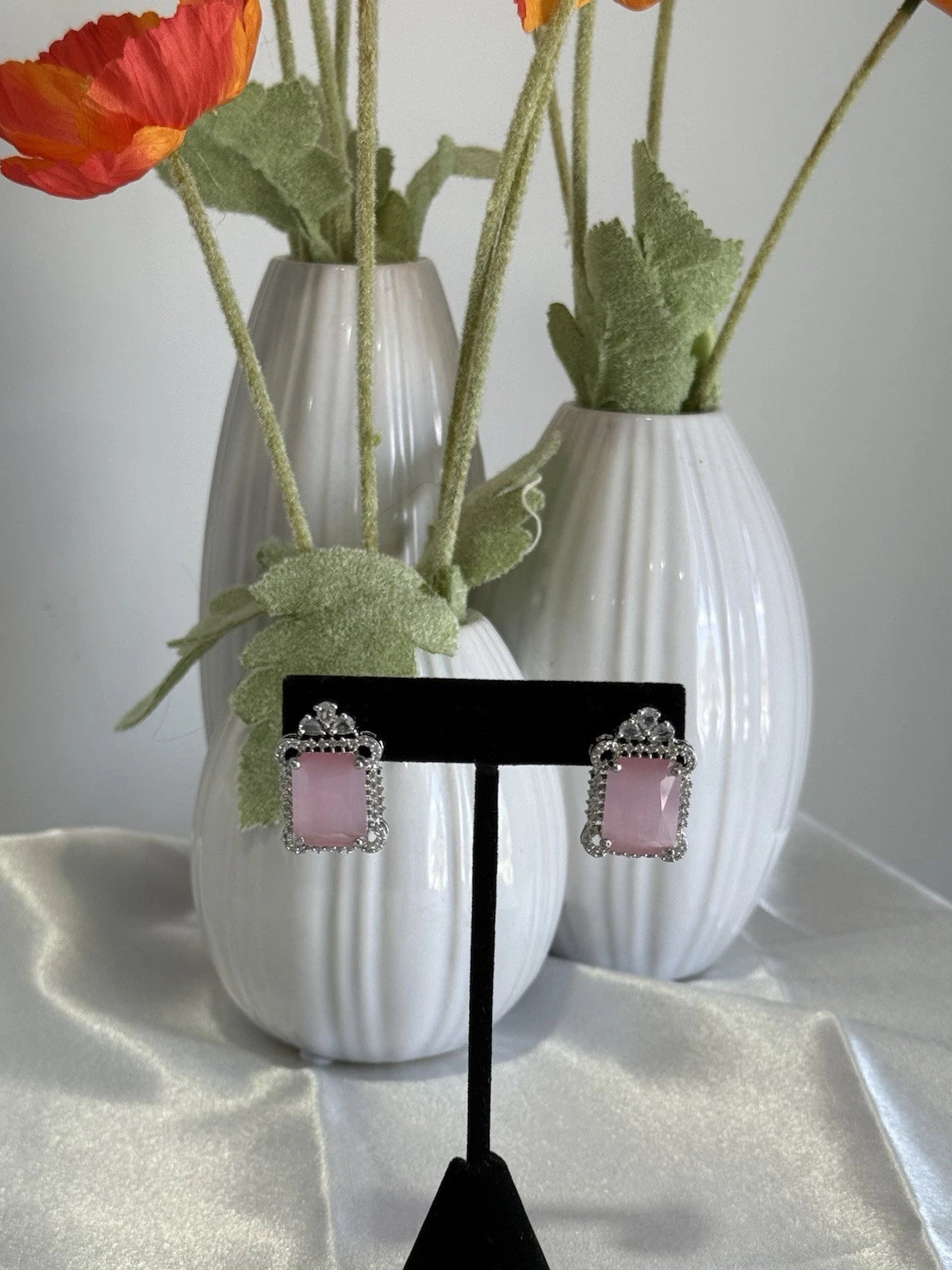 Baby Pink CZ Rectangle Stud Earrings Silver Tone Party Jewelry