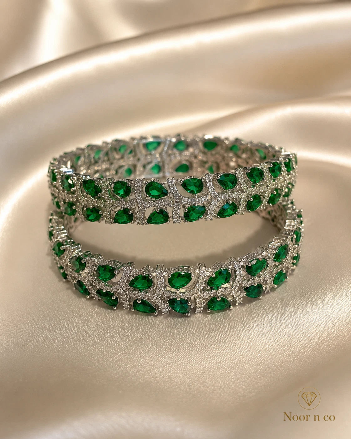 Emerald Green Silver Tone CZ Bangle Set Indian Pakistani Bridal Jewelry