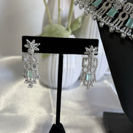 Mint Green CZ Choker Necklace Earrings Set Silver Tone Pakistani Jewelry