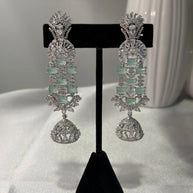 Mint Green CZ Silver Tone Chandelier Jhumka Earrings Pakistani Indian Jewelry