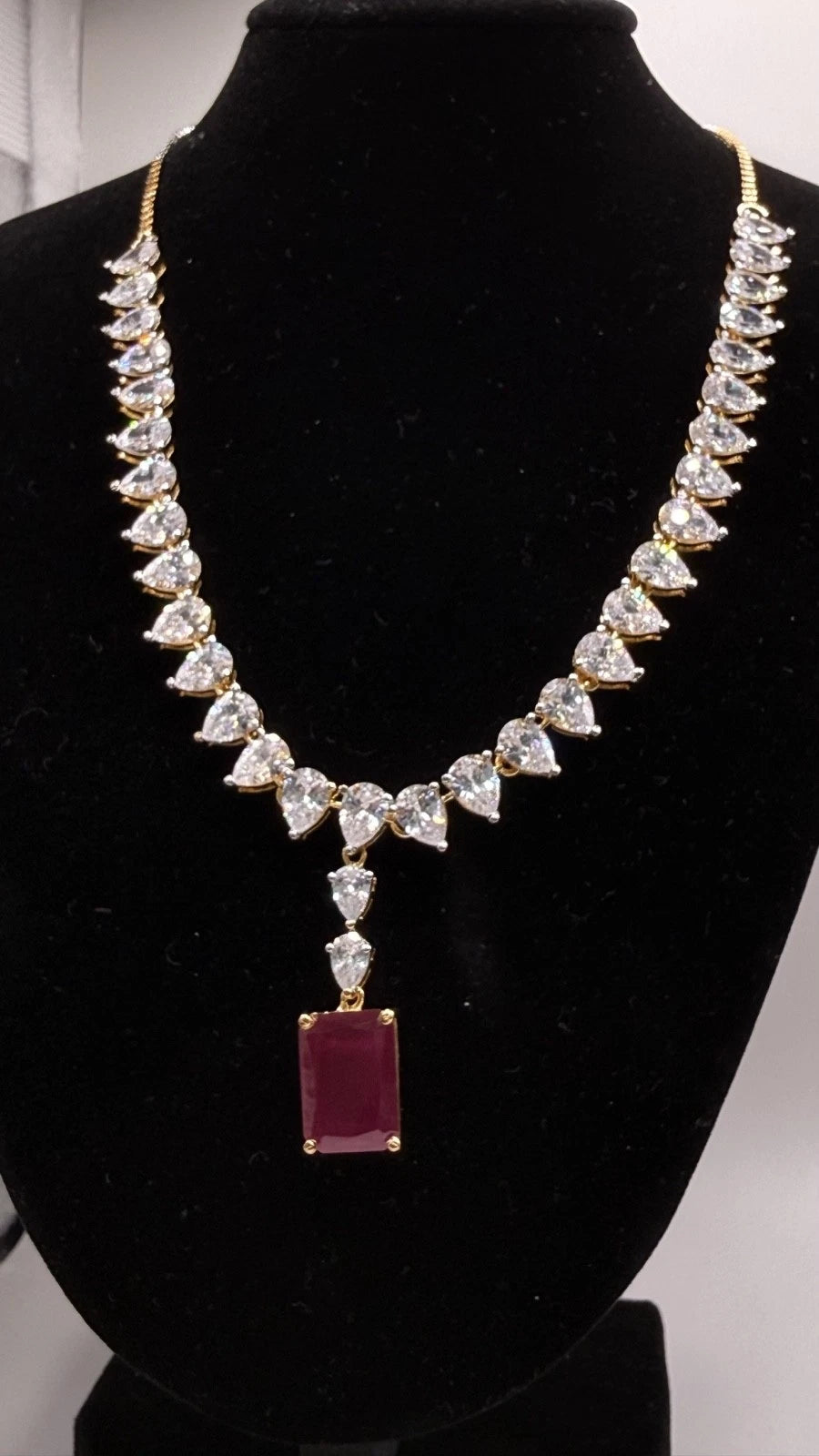Ruby Red CZ Necklace Set with Matching Drop Earrings | Elegant Bridal Jewelry |
