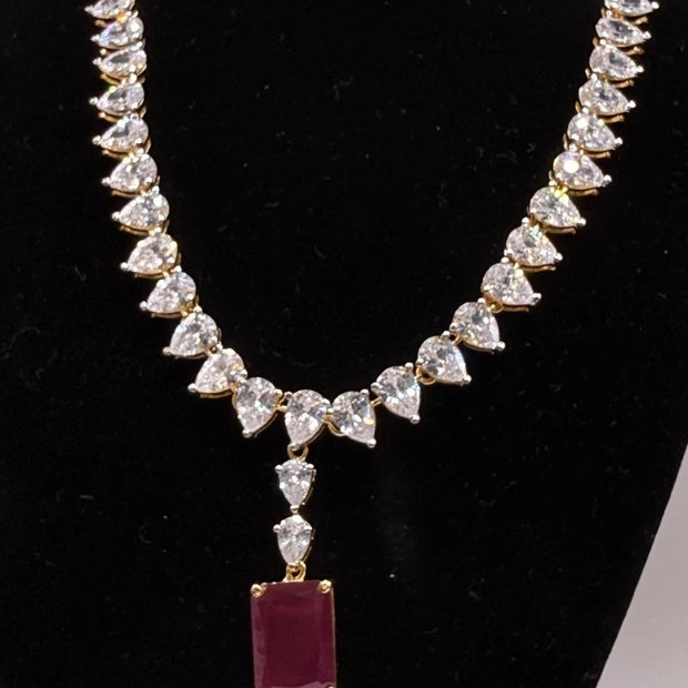 Ruby Red CZ Necklace Set with Matching Drop Earrings | Elegant Bridal Jewelry |