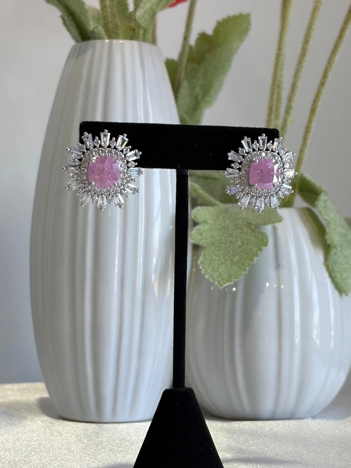 Pink Stone CZ Silver Tone Halo Stud Earrings Pakistani Indian Jewelry