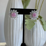 Pink Stone CZ Silver Tone Halo Stud Earrings Pakistani Indian Jewelry