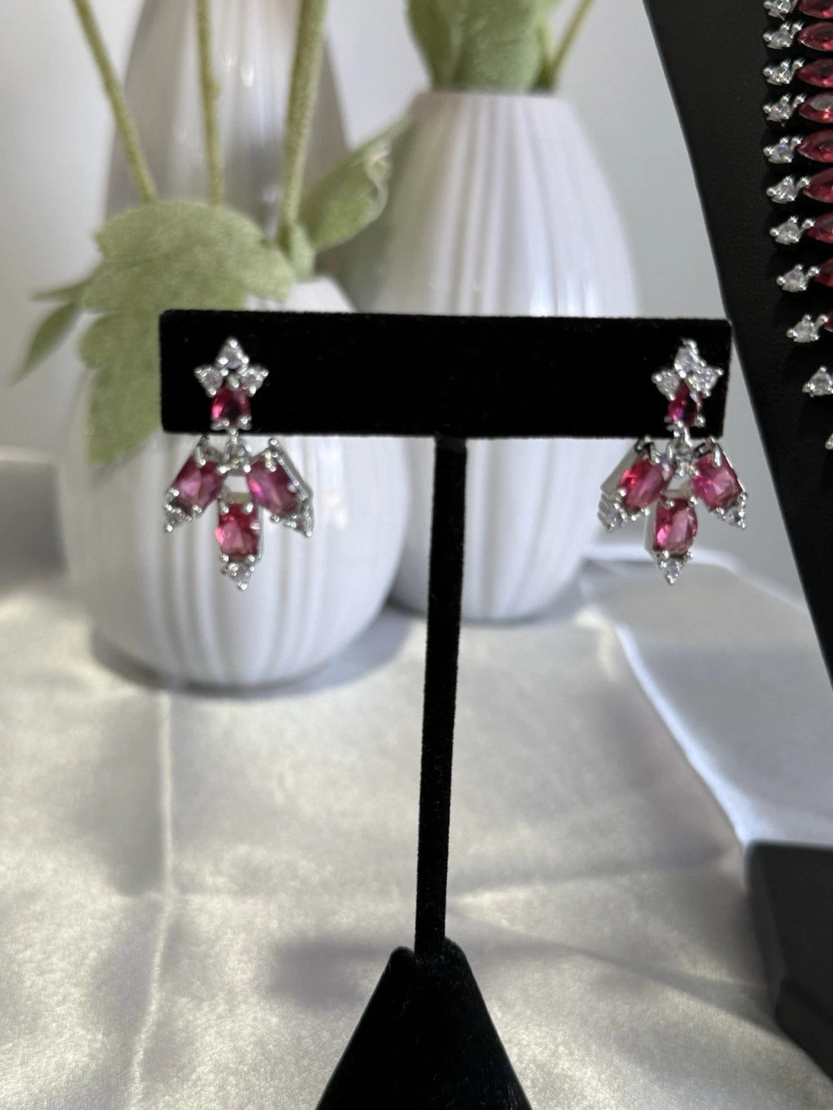Ruby Pink CZ Necklace & Earrings Set Silver Tone Pakistani Jewelry