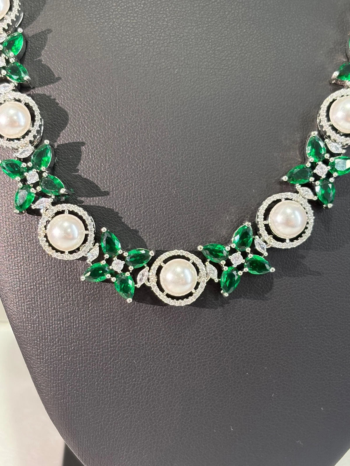 Emerald Green Pearl CZ Silver Tone Necklace Earrings Set
