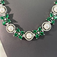 Emerald Green Pearl CZ Silver Tone Necklace Earrings Set