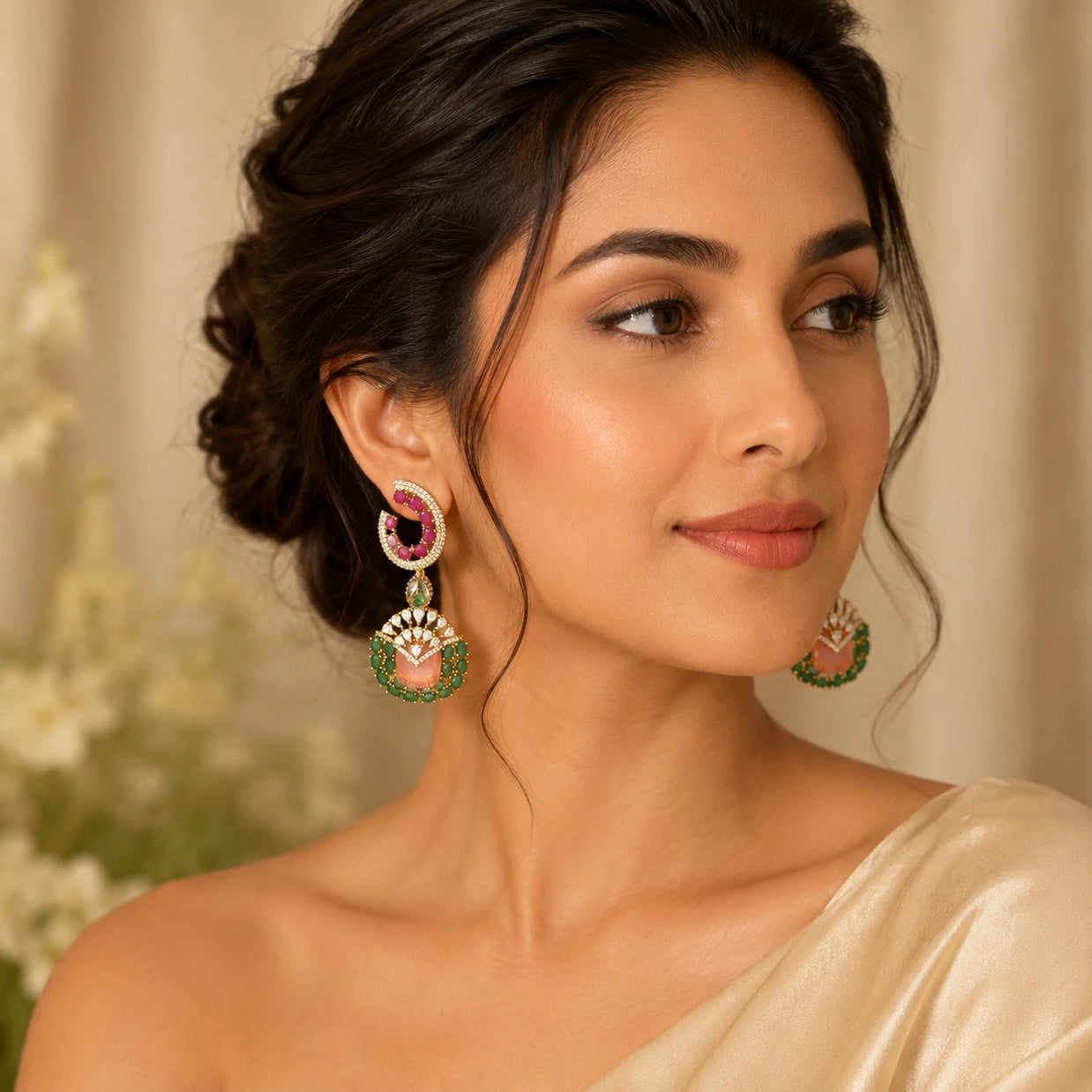 Luxury Pink & Green Statement Earrings | Pakistani Jewelry | Bridal Earrings