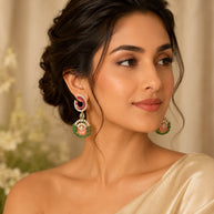 Luxury Pink & Green Statement Earrings | Pakistani Jewelry | Bridal Earrings