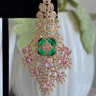 Green Pink CZ Gold Tone Chandelier Earrings Pakistani Indian Bridal Jewelry