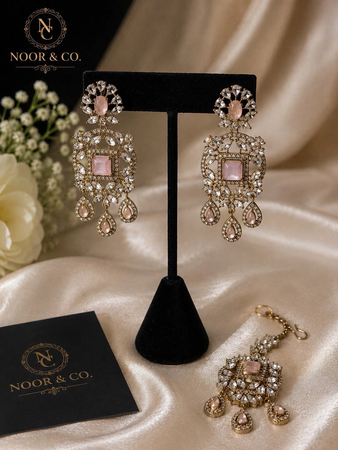Blush Rose Crystal Earrings & Tikka Set