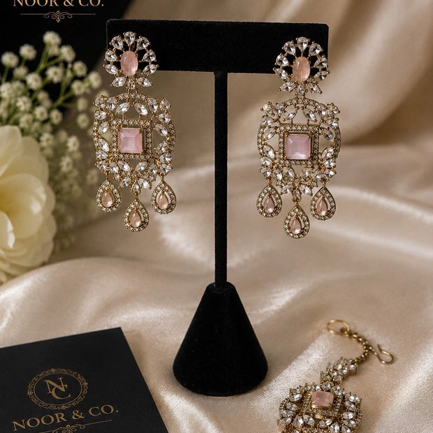 Blush Rose Crystal Earrings & Tikka Set