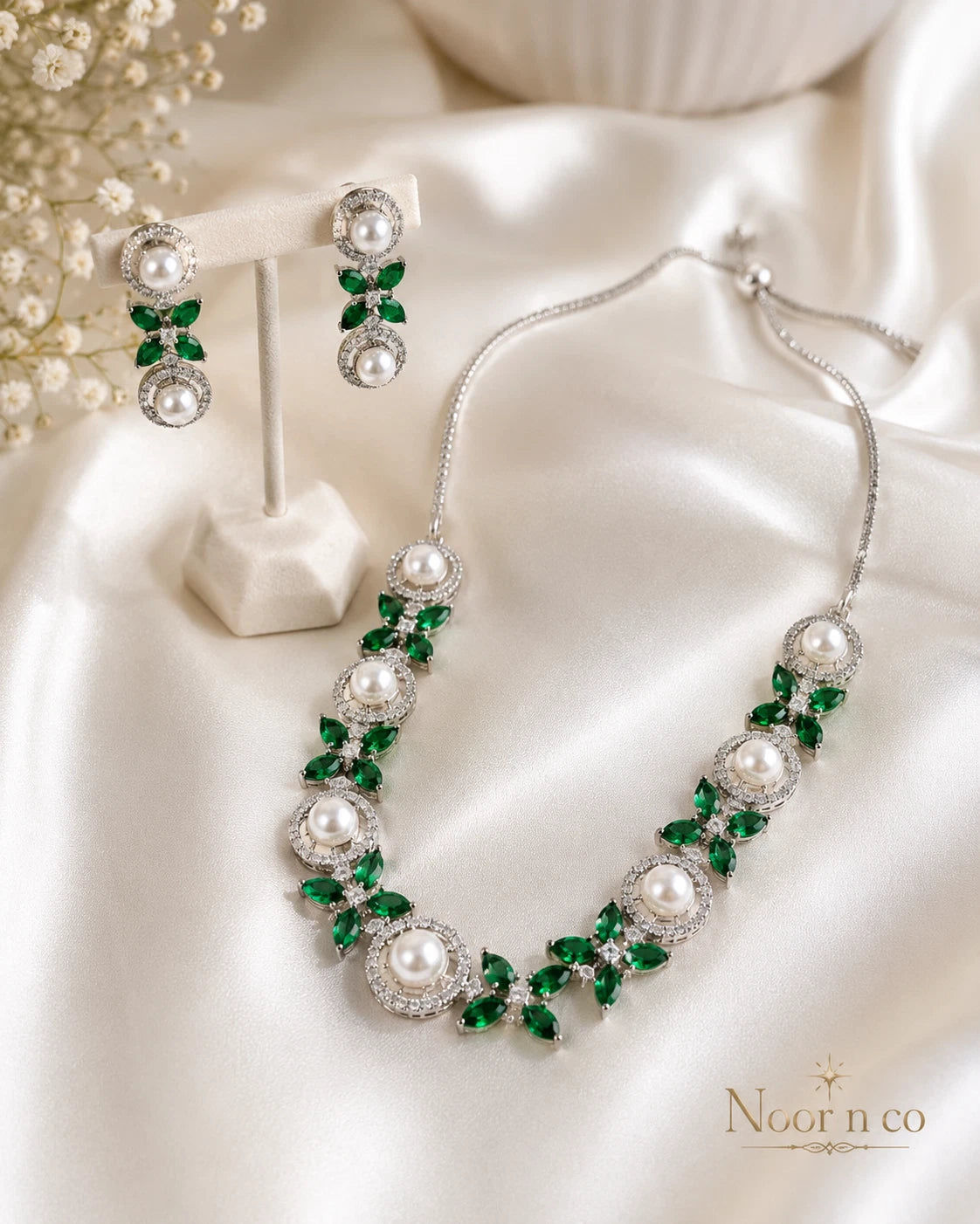 Emerald Green Pearl CZ Silver Tone Necklace Earrings Set