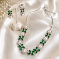 Emerald Green Pearl CZ Silver Tone Necklace Earrings Set