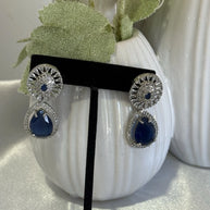 Sapphire Blue CZ Teardrop Earrings Silver Tone Party Jewelry