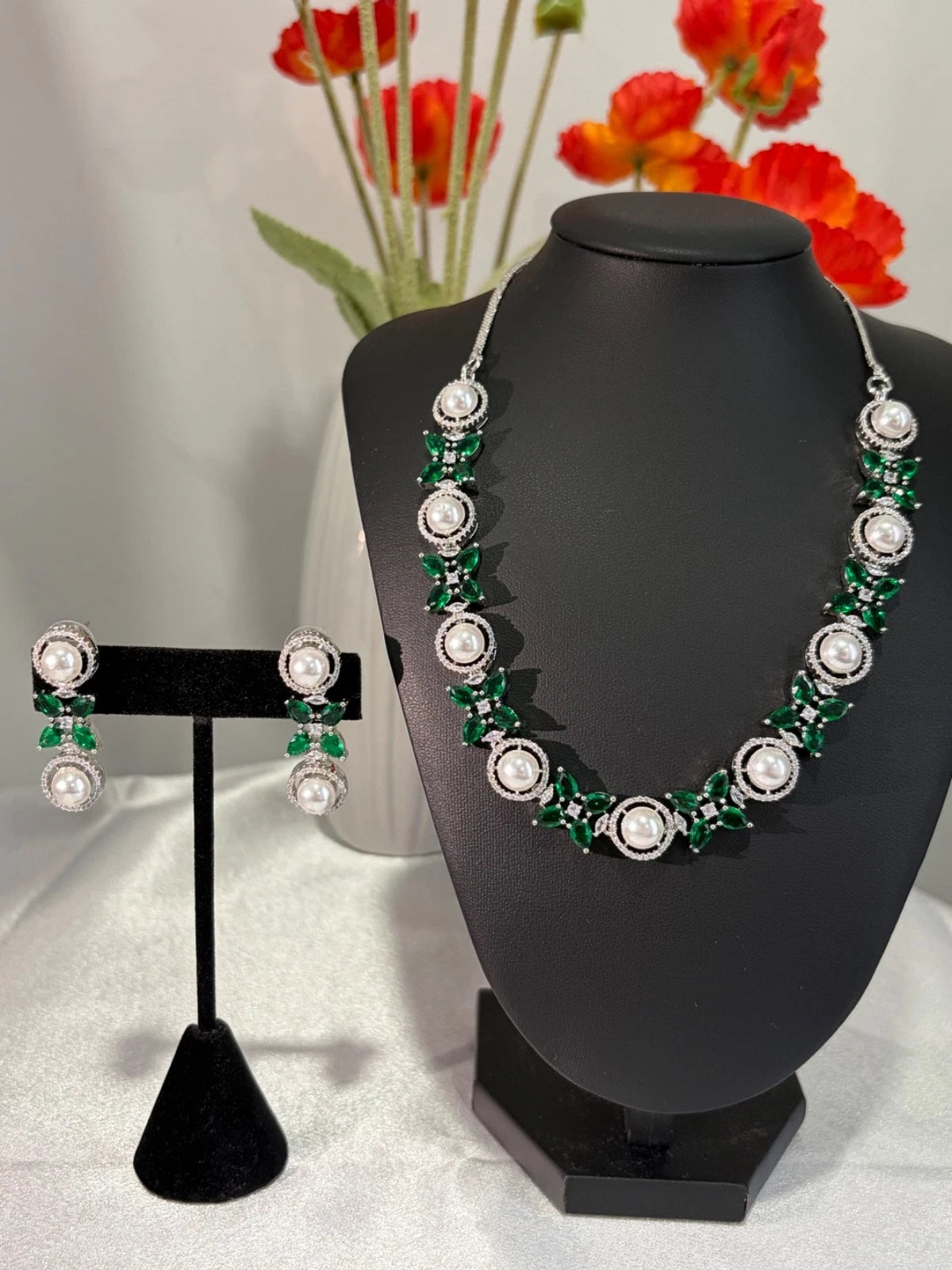 Pink Pearl CZ Silver Tone Necklace Earrings Set Indian Pakistani Bridal Jewelry