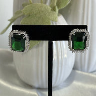 Emerald Green CZ Rectangle Stud Earrings Silver Tone Party Jewelry