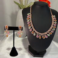 Rose Gold Multicolor CZ Necklace Earrings Set Indian Pakistani Bridal Jewelry